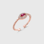Navette Ruby Ring Shiny Wreath in Rosévergoldung mit rubinrotem Stein und zartem Kugelring-Design.