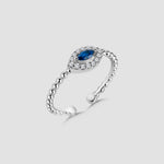 Silberner Navette Saphir Ring Shiny Wreath mit blauem Zirkonia und Kugelringschiene, verstellbar.