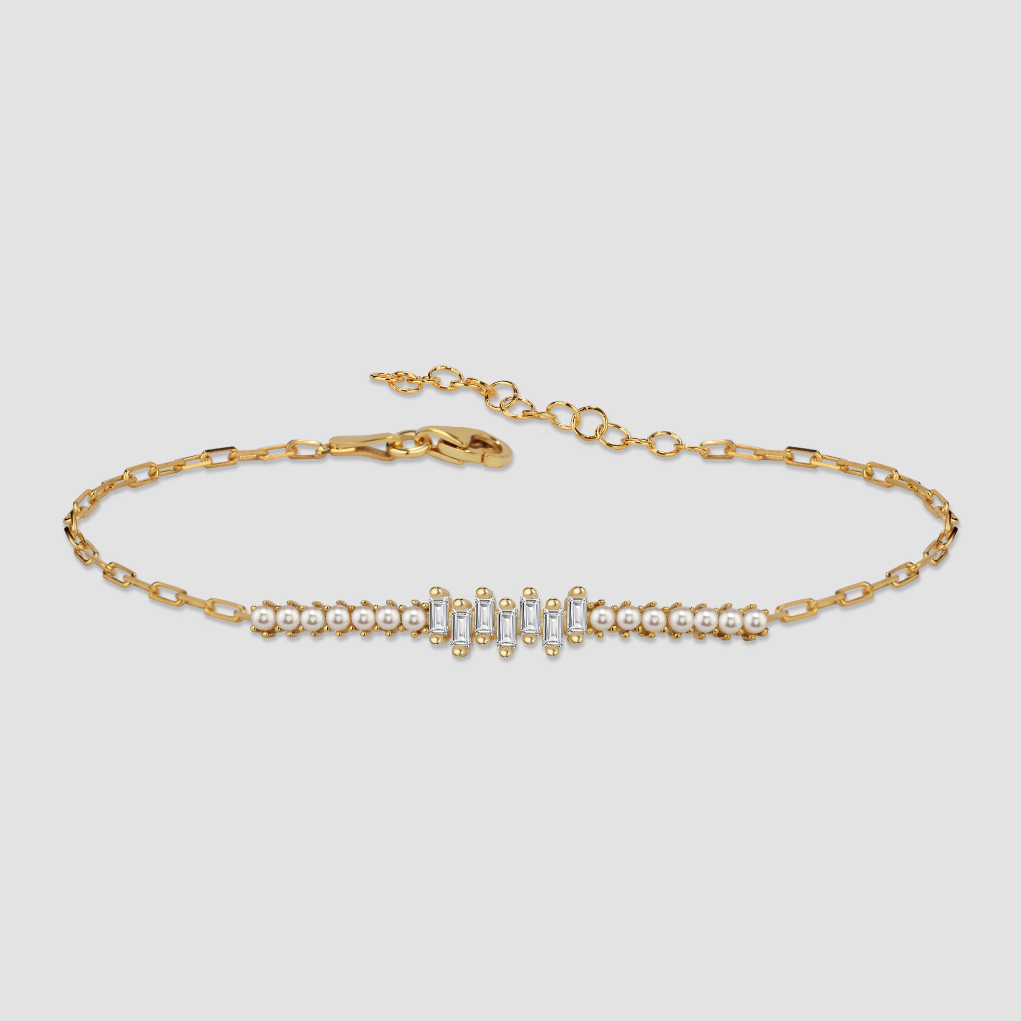 Pearl X Baguette Armkette Gold mit Perlen & weißen Baguette-Zirkonia, 925 Silber vergoldet.
