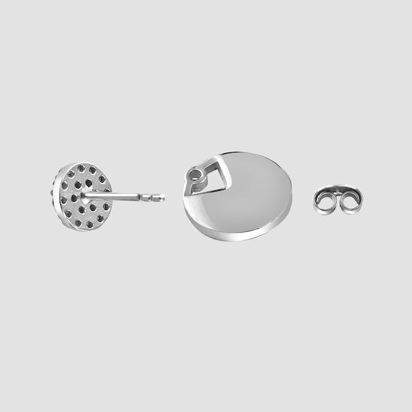 Perlmutt Ohrstecker Silber mit Zirkonia, Einzelteile mit Stecker, Plättchen und Verschluss, Rückansicht.