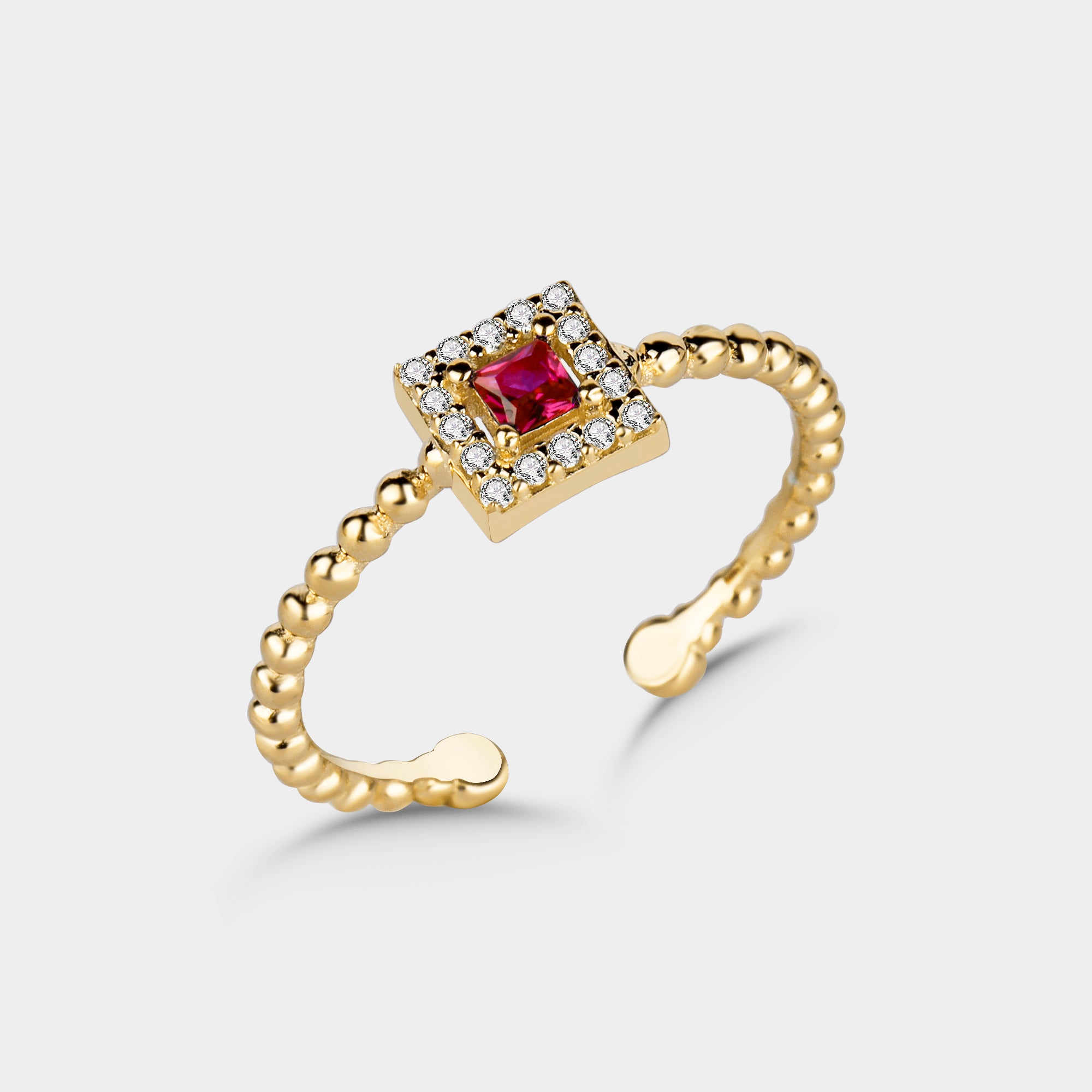 Ruby Ring Square Shiny Wreath in Gold mit rotem Rubin-Zirkonia und weißem Zirkonia-Kranz, verstellbar.