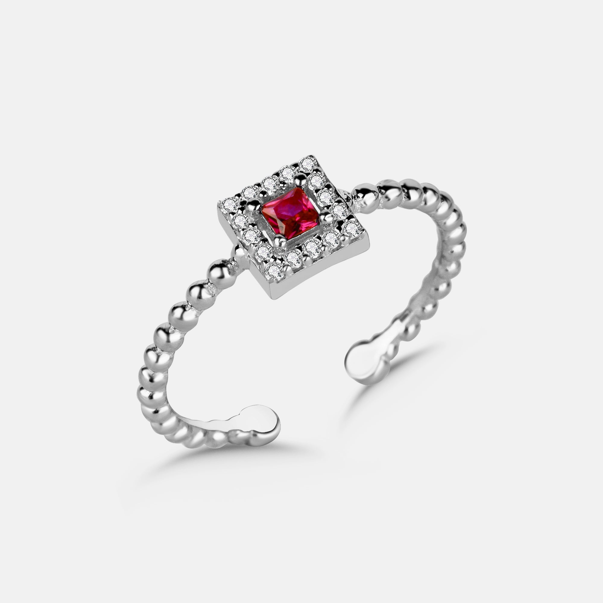 Filigraner Ruby Ring Square Shiny Wreath aus 925 Silber mit rubinrotem Zirkonia, verstellbar.