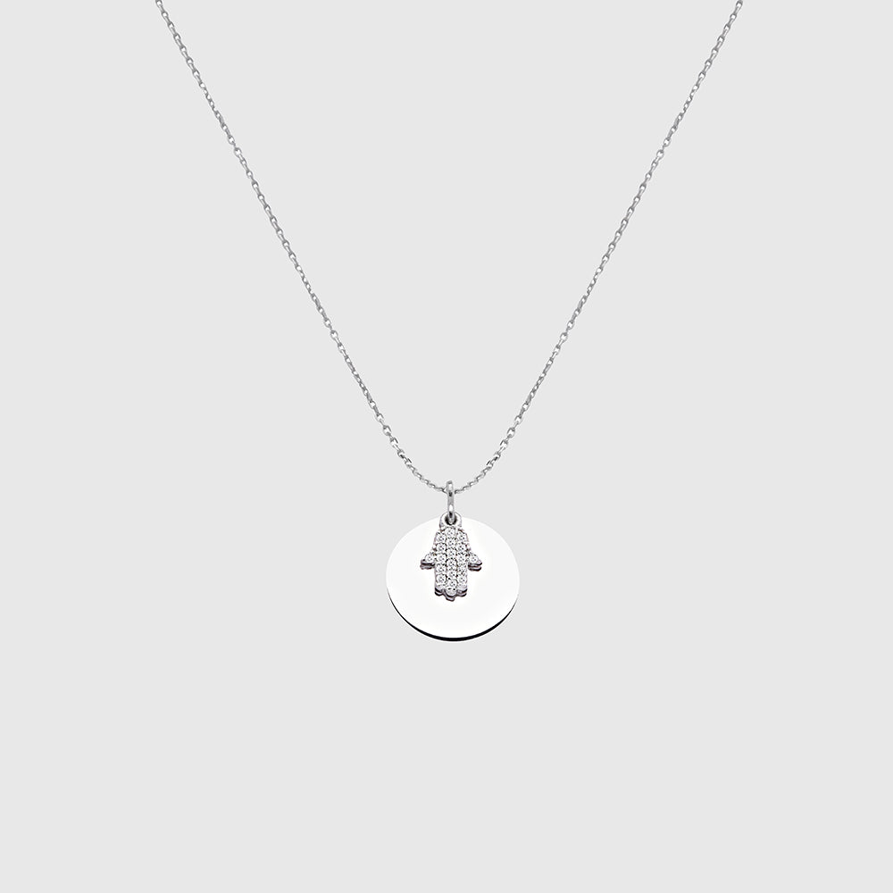 Silberne runde Halskette mit Fatima Anhänger und weißen Zirkonia-Steinen von Dkeniz.