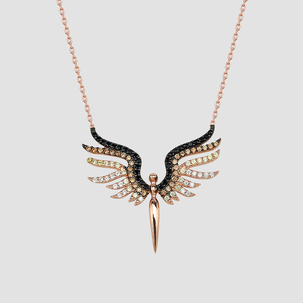 Schutzengel Kette rosévergoldet mit ausgebreiteten Flügeln und Zirkonia, eleganter Damenschmuck.