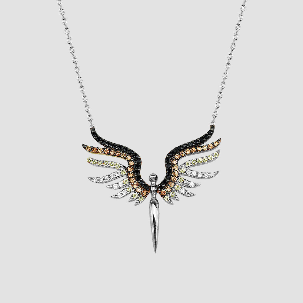 Schutzengel Kette Silber & Rose mit Flügeln und Zirkonia, 925 Sterling Silber, Damen Halskette.