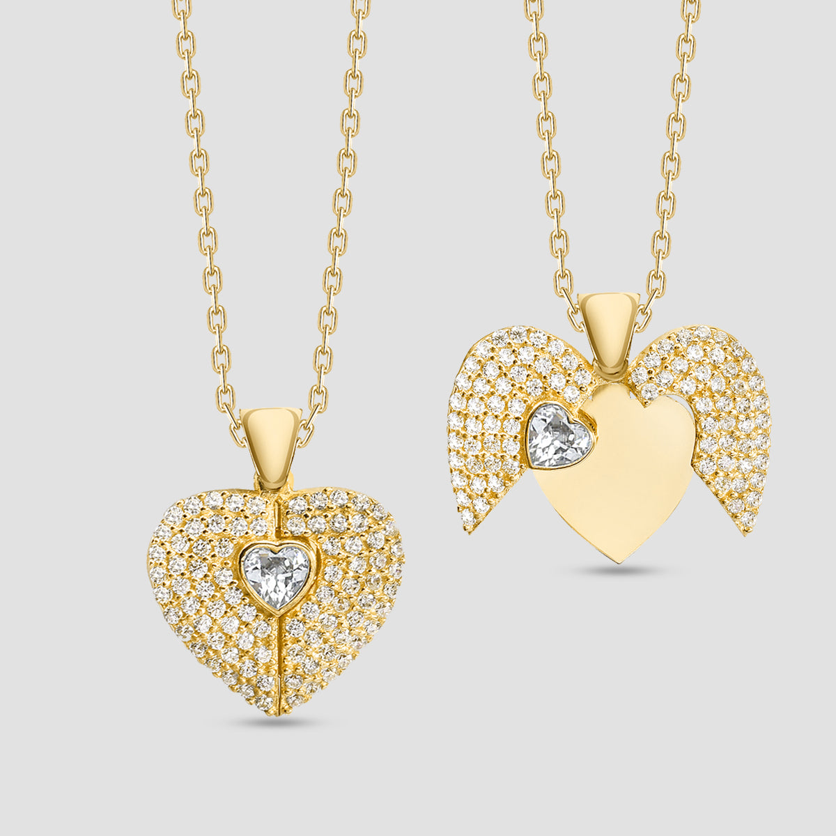 Secret Heart Kette Gold mit Herzanhänger aus Zirkonia – geschlossen und geöffnet dargestellt.