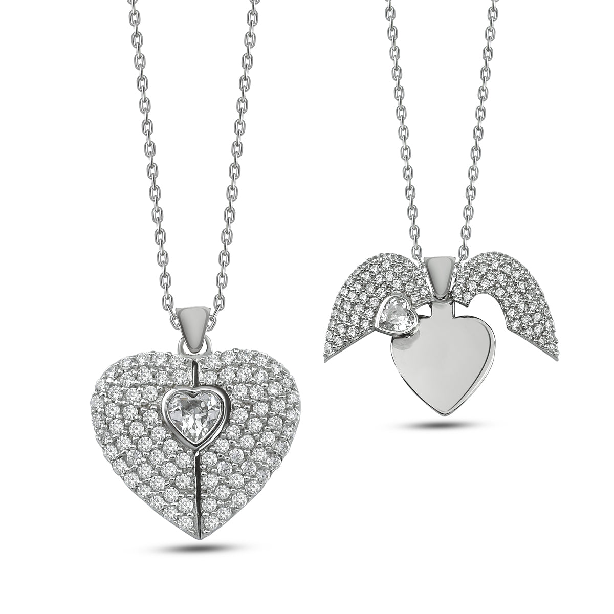 Secret Heart Kette in Silber mit funkelndem Zirkonia-Herzanhänger und Engelsflügel-Detail.