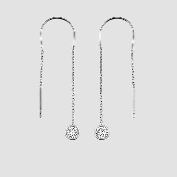 Solitär Durchzieher Ohrringe aus 925 Sterling Silber mit rundem Zirkonia Stein und filigraner Kette.