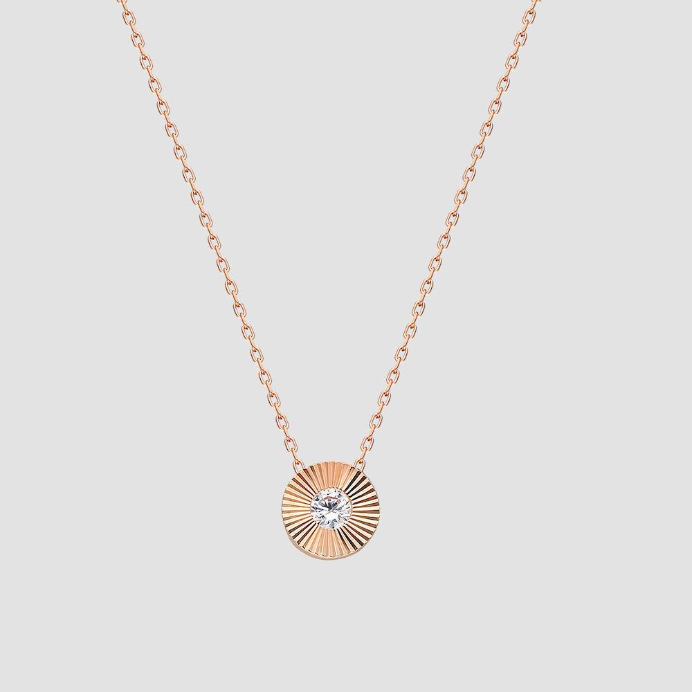 Solitaire Sun Halskette Rosé mit Zirkonia Solitär, Sonnenstrahlen-Anhänger, 925 Silber rosévergoldet.