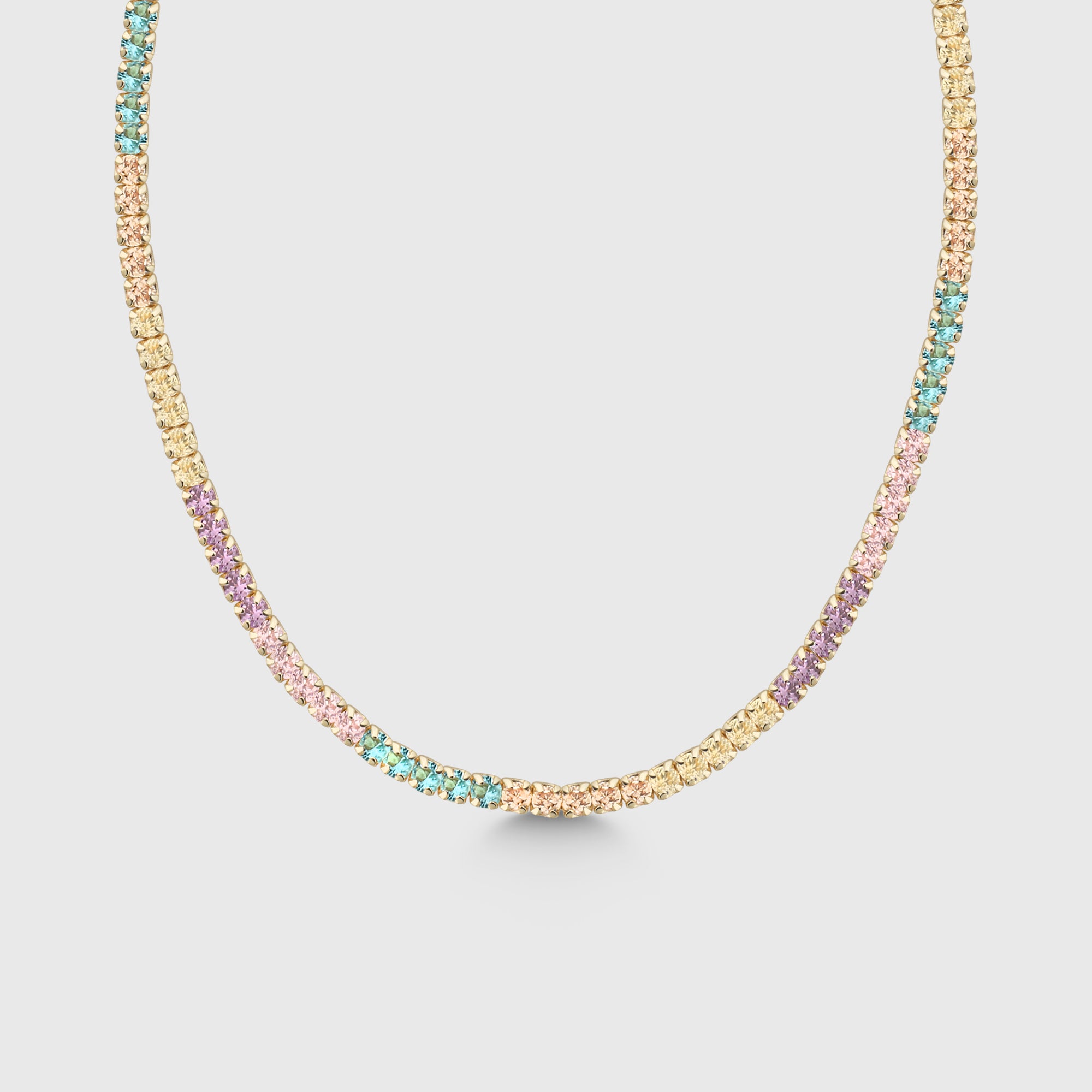 Tennis Kette Mini Bunt in Gold mit bunten Zirkonia – feine, elegante Tennis-Kette von Dkeniz.