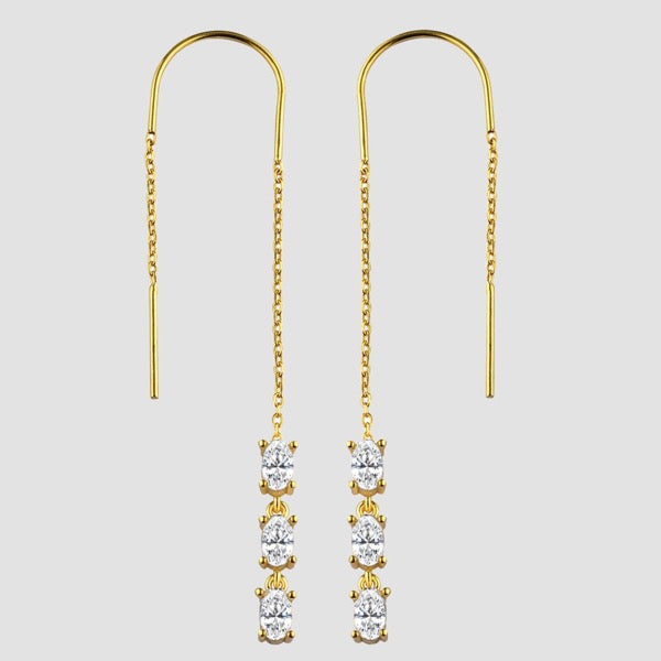 Produktbild: Three Oval Ohrringe Gold als Durchzieher – 3 ovale Zirkonia an feiner Kette, Frontansicht.